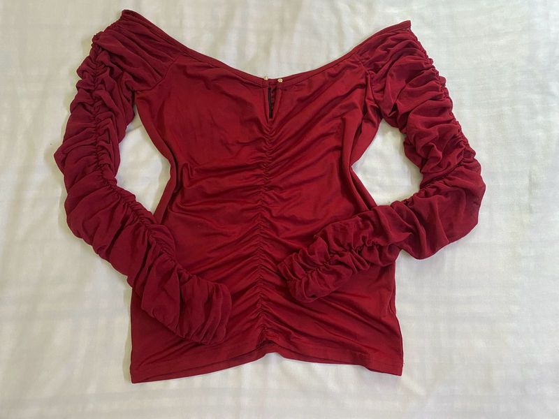 Burgundy Chic Ruched Off shoulder Top Bust 36