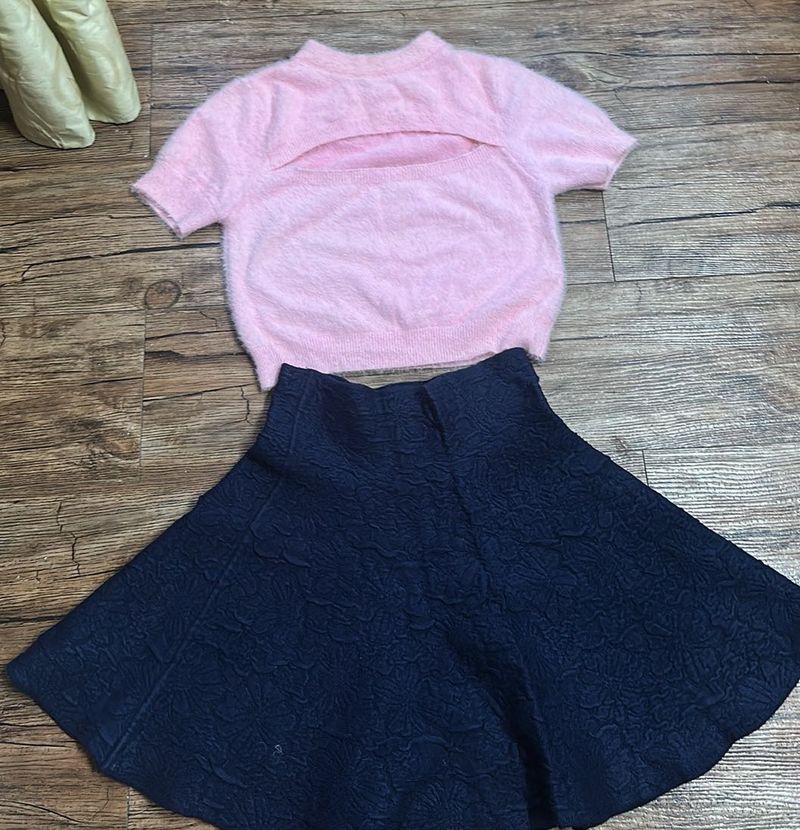 Pink Fuzzy Top &amp; Navy Skirt
