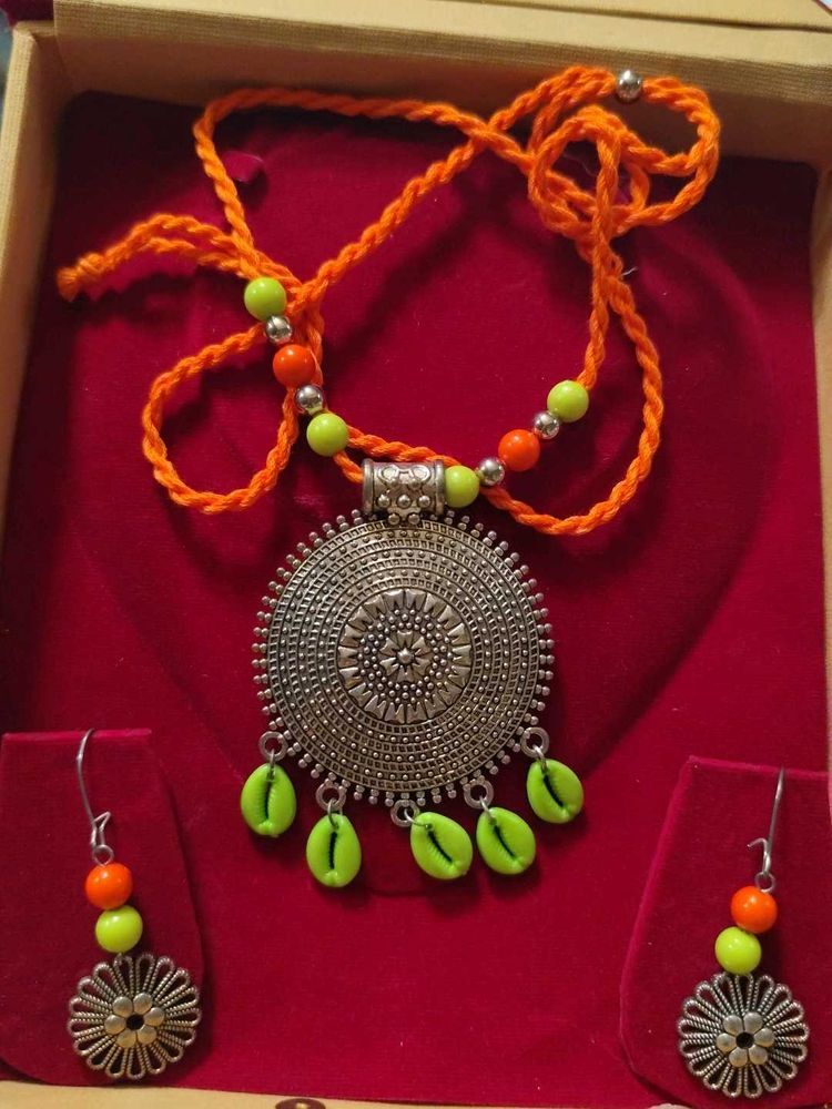 Orange Green Oxidised Necklace Set