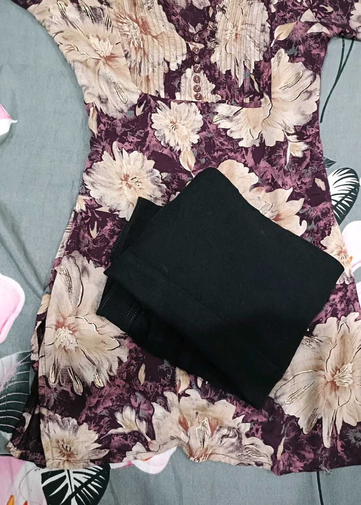 Black Jeans With Floral Print Short Kurti