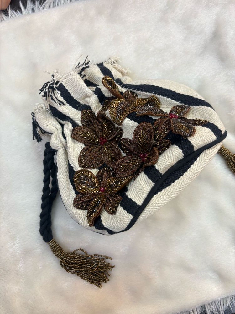 zara badic Striped Floral Pouch Bag