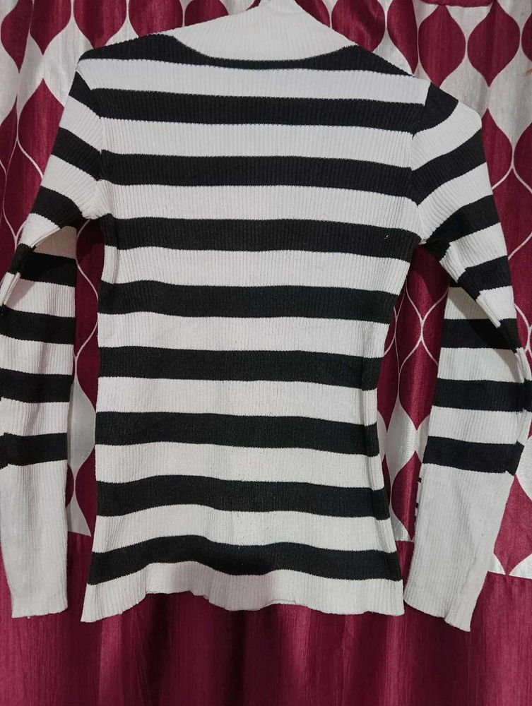 White And Black Strap High Neck With Grey Sweater