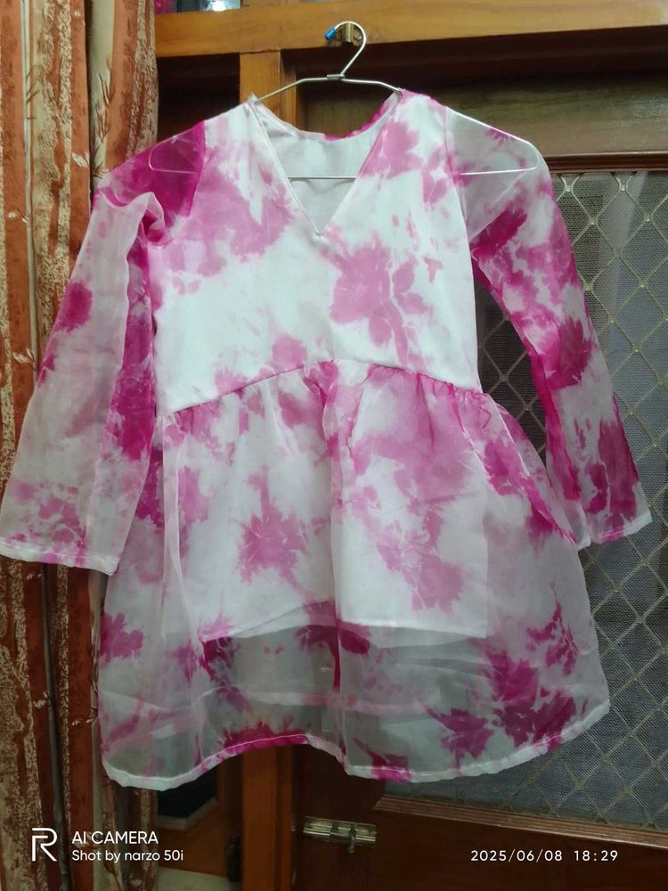 Pink Shaded Organza Girls Top With Handmade