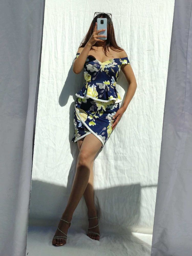 Blue Off Shoulder Floral Bodycon
