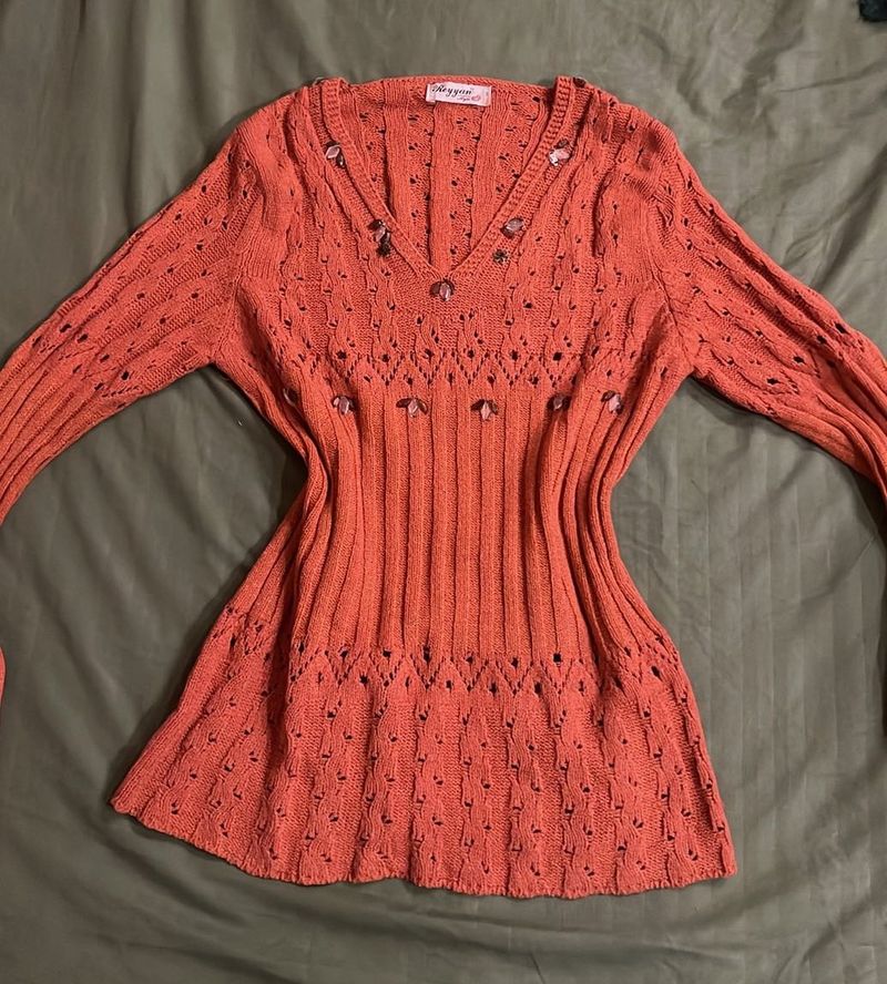 Y2K Coral Knit Top with Embellishments