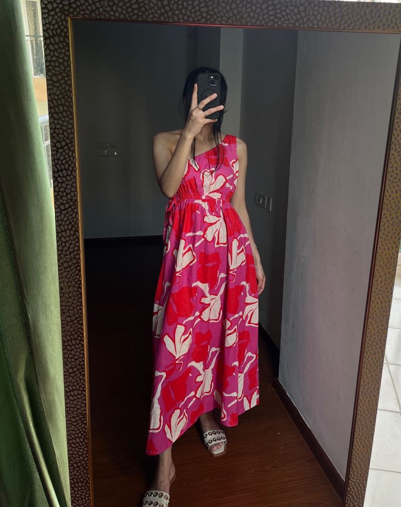 Fit&amp;Flare One Shoulder Pink Floral Maxi