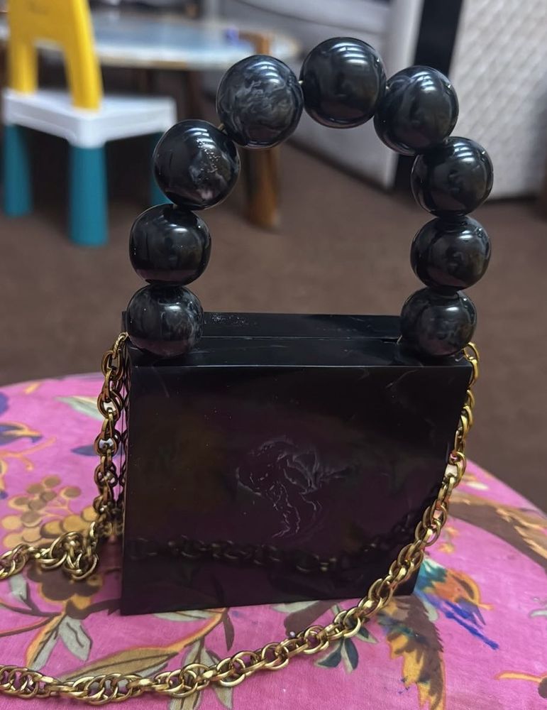 Black Beaded Handle Clutch