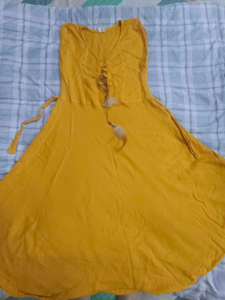 Mustard Boho Dress with Feather Detail