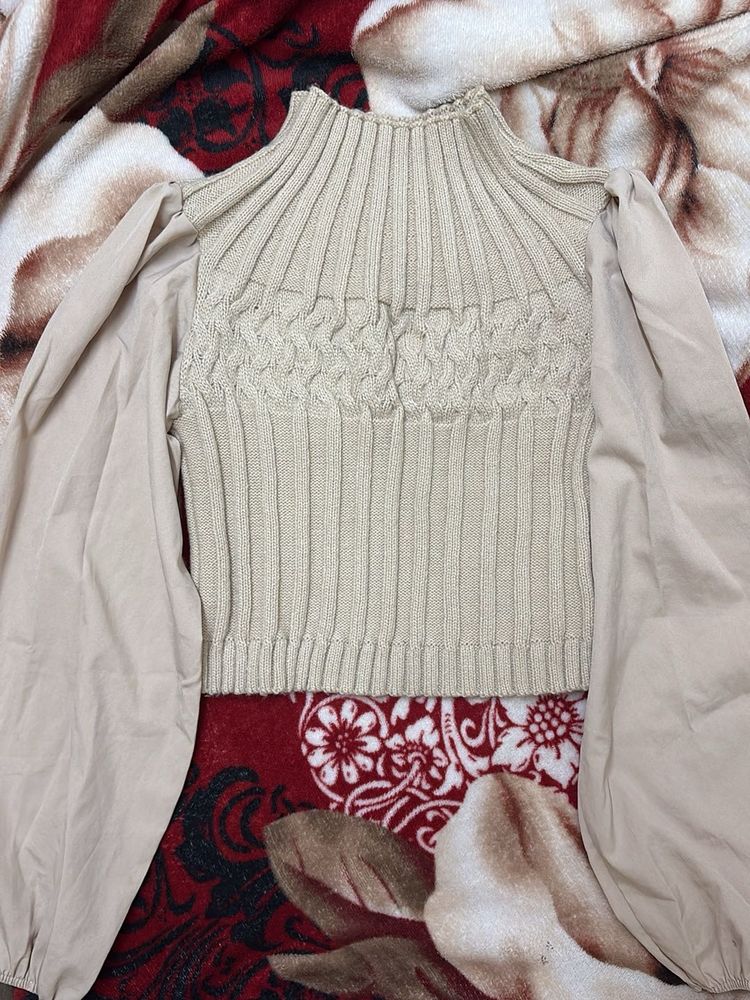 Beige Knit &amp; Puff Sleeve Top