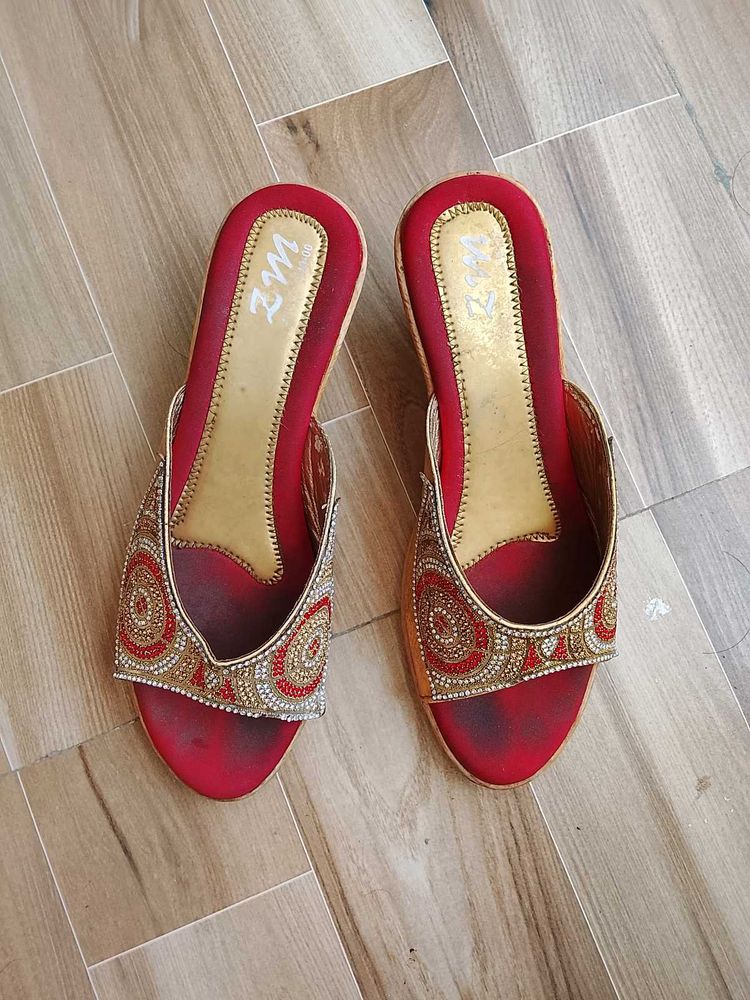 Red &amp; Gold Embellished Mules