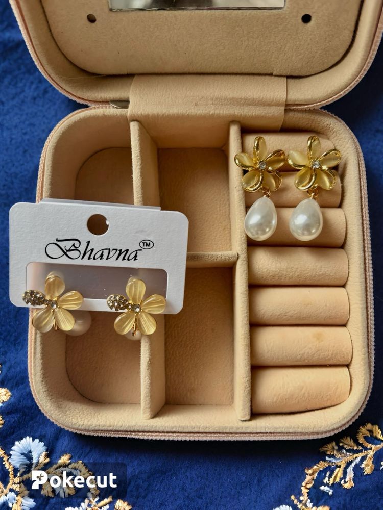 Gold Flower &amp; Pearl Drop Earrings