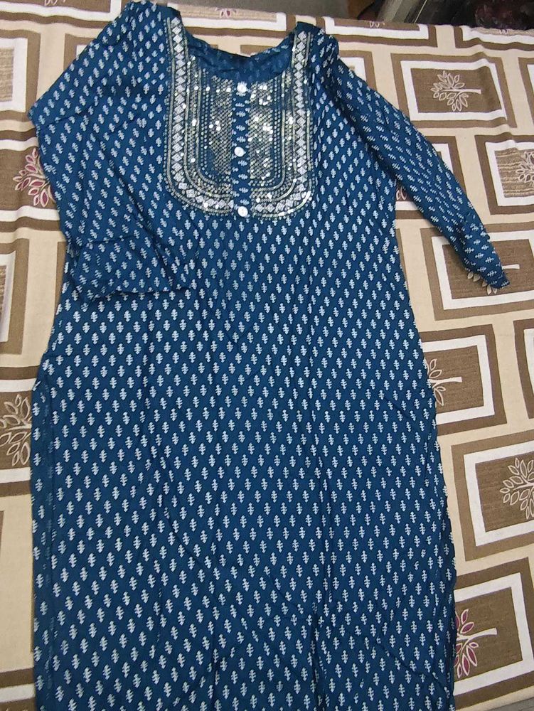 Blue Printed Kurti with Embellished Neckline