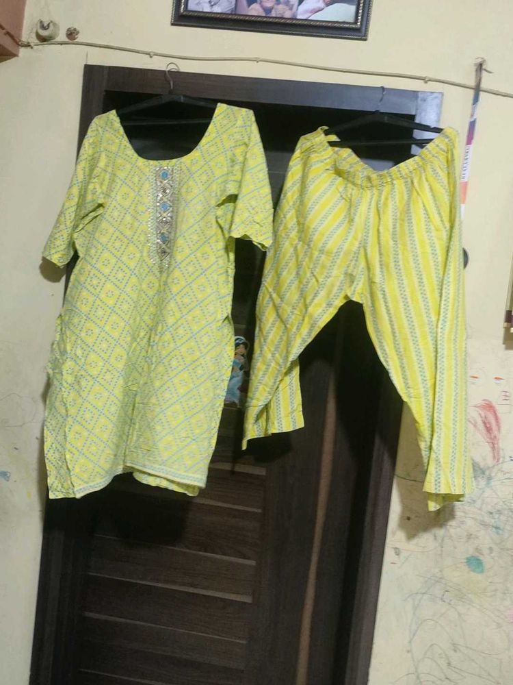 Yellow Printed Kurti Set