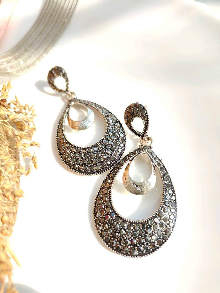 Silver Sparkling Oxidised Oversized Studs