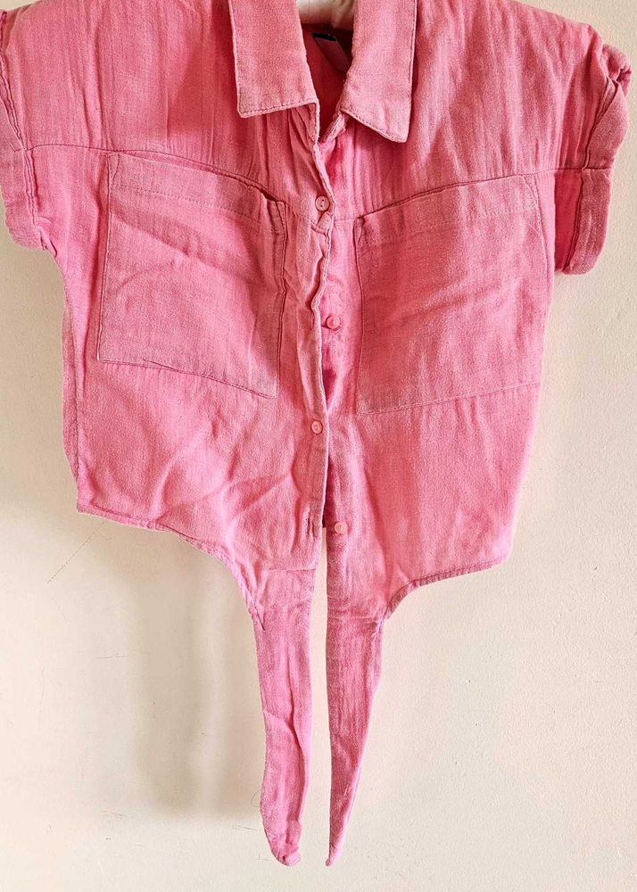 Pink Tie-Front Crop Top