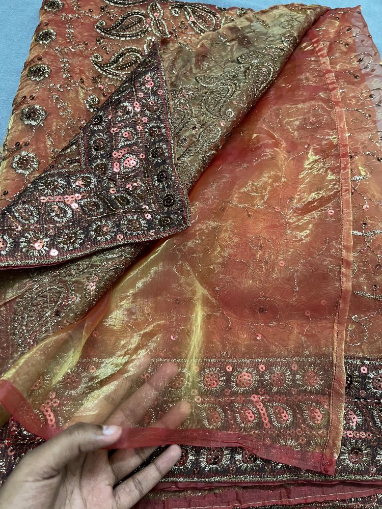 Honey Coloured And Sequence Worked Organza Saree
