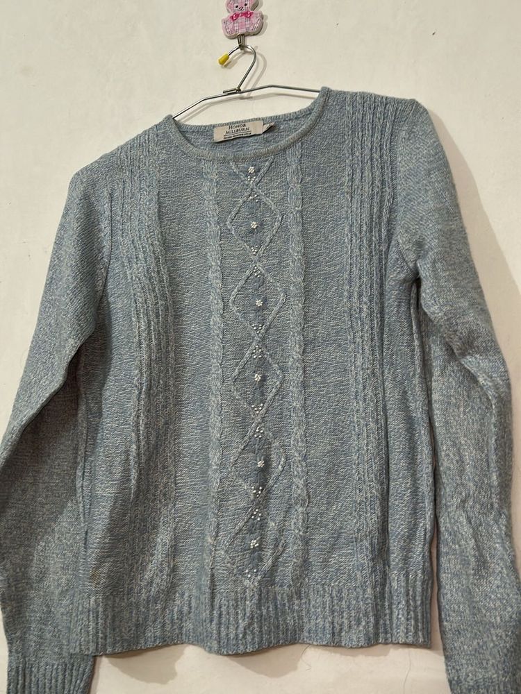 Blue Embellished Knit Sweater