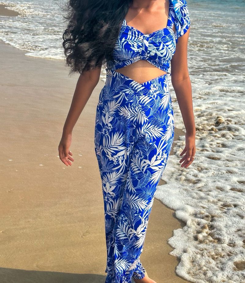Blue Floral Cutout Jumpsuit