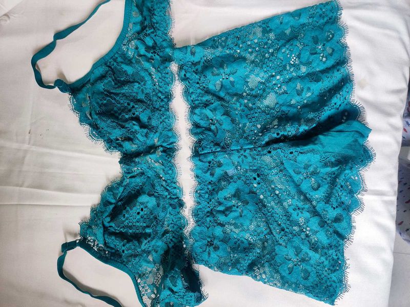 Combo Of Solid Bra And Net Lingerie Set