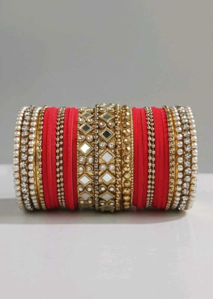 Kids Red Velvet With Silver Metal Bangle Set