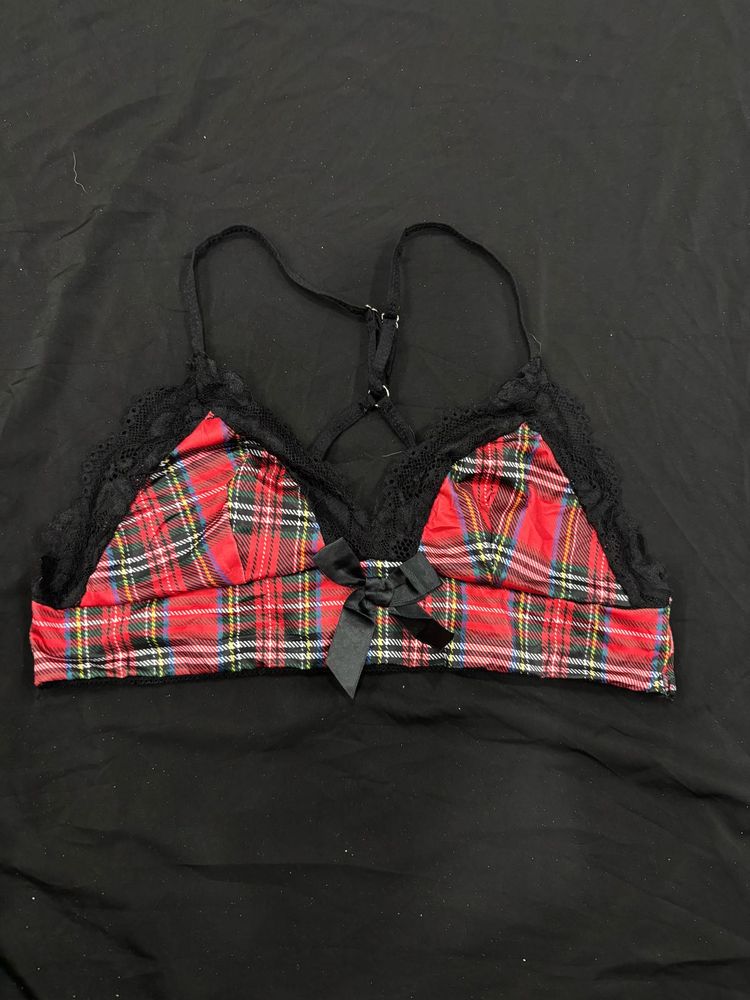 Red Plaid Lace Trim Bralette