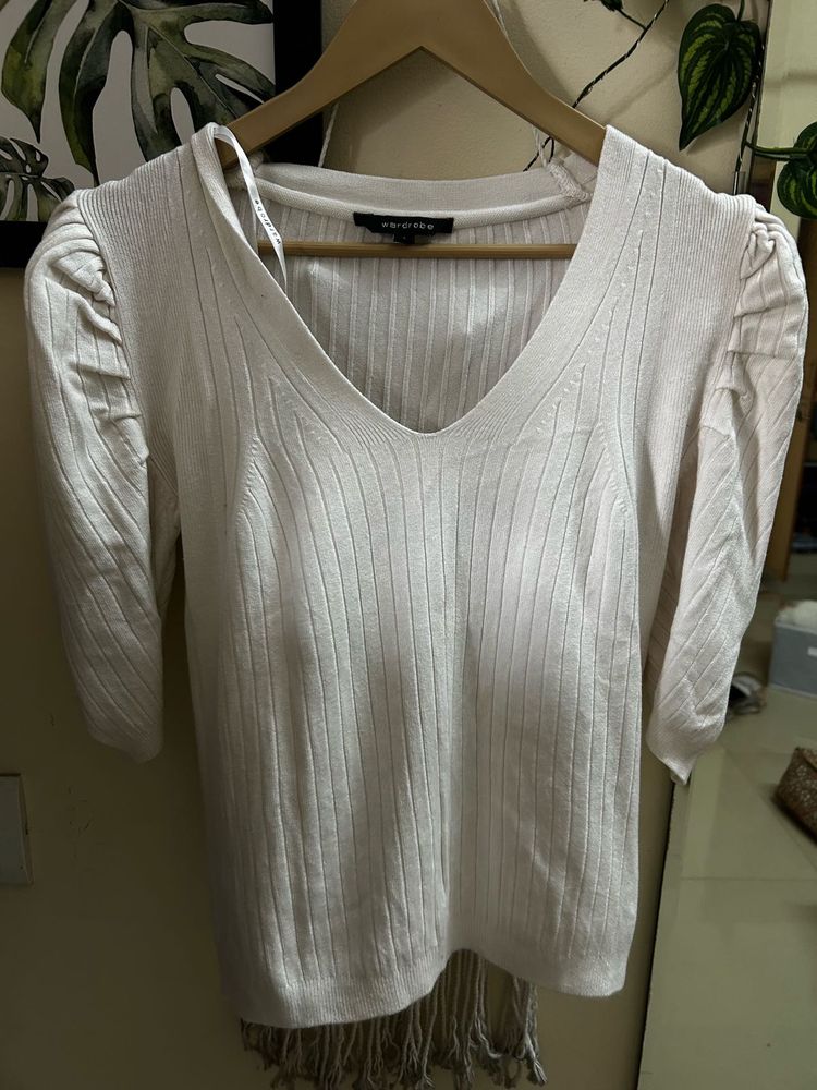 Cream V-Neck Puff Sleeve Top