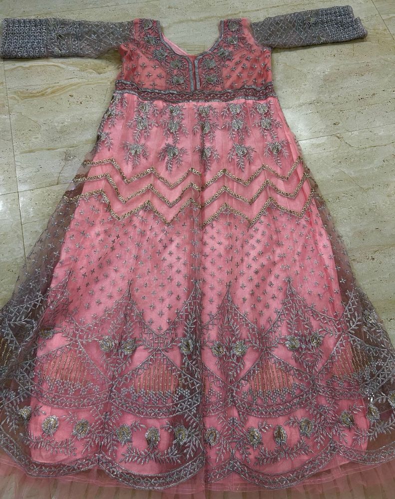 Elegant Pink &amp; Silver Anarkali Gown