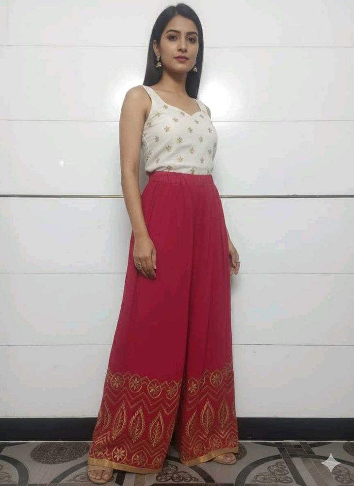 Red Palazzo Pants with Gold Detail