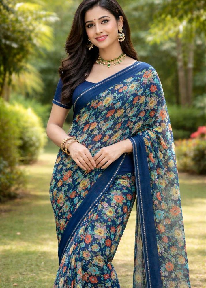Elegant Blue Floral Print Saree