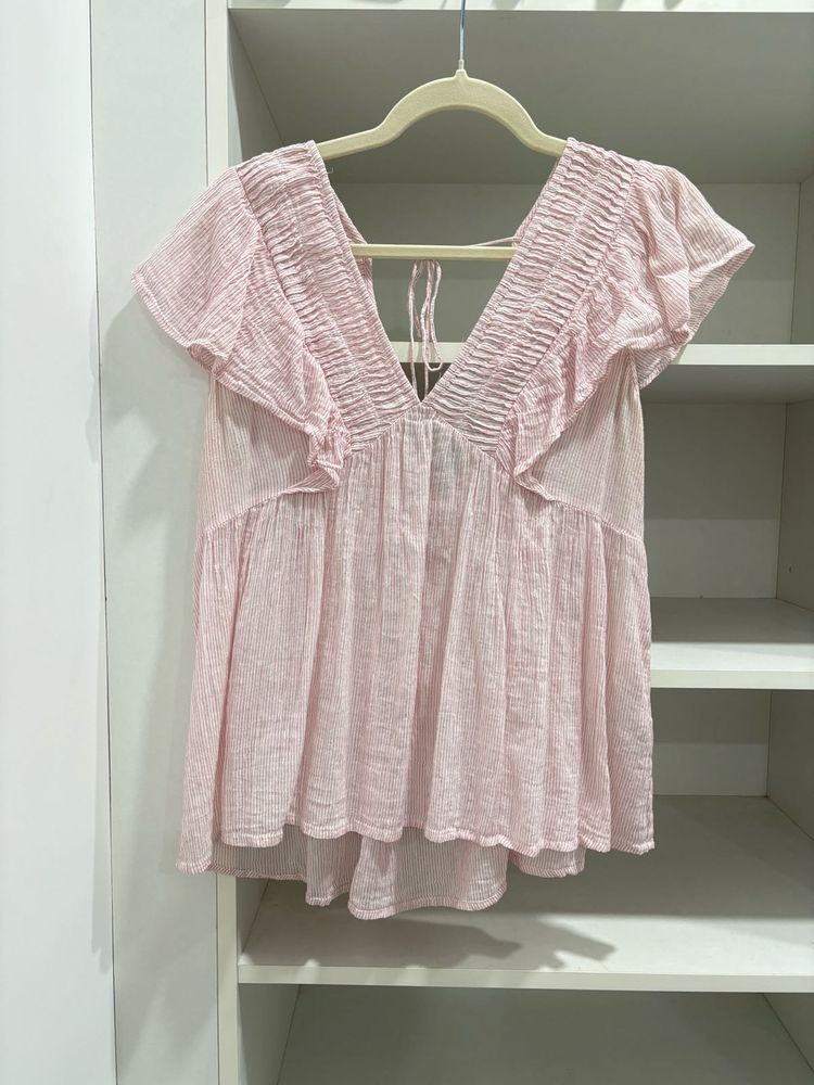 Pink Striped Flutter Sleeve Top