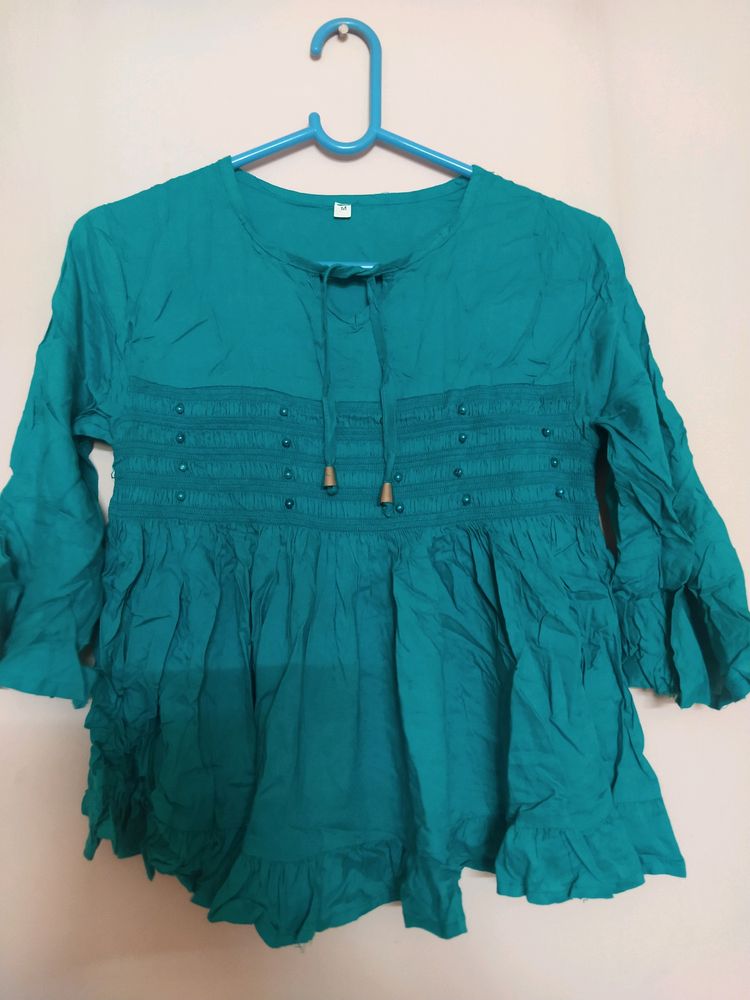 Turquoise Green Peplum Top With Pearl Design