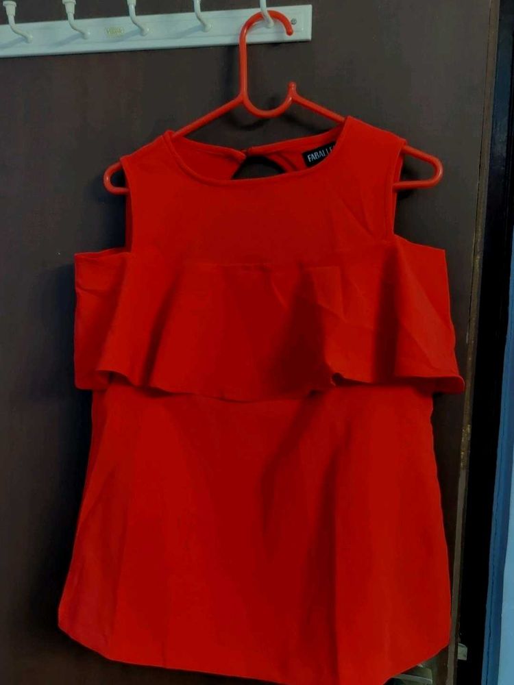 Red Ruffle Cold Shoulder Top