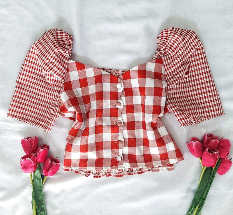 Korean Retro Gingham Print Crop Top