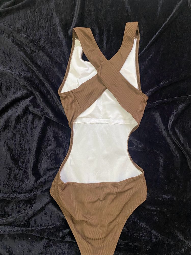 Brown Ribbed Cross Back Bodysuit