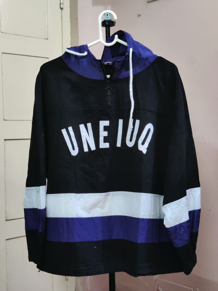 Imported black and purple color block anorak hooded sweatshirt