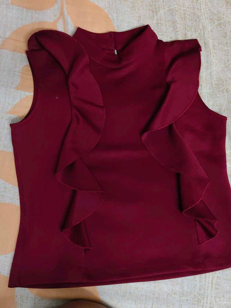 Burgundy Ruffle Mock Neck Top