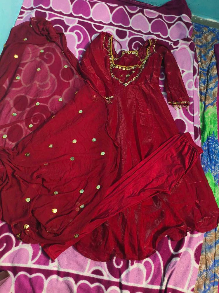 New Trendy Neck Design Frock Party Wear In Red Col