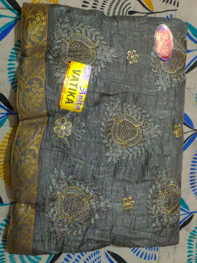 Elegant Grey Embroidered Saree