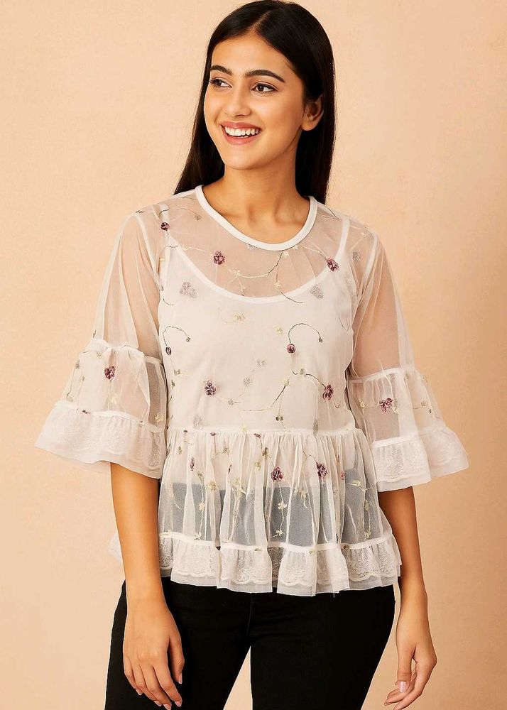 Floral Embroidered Mesh Top