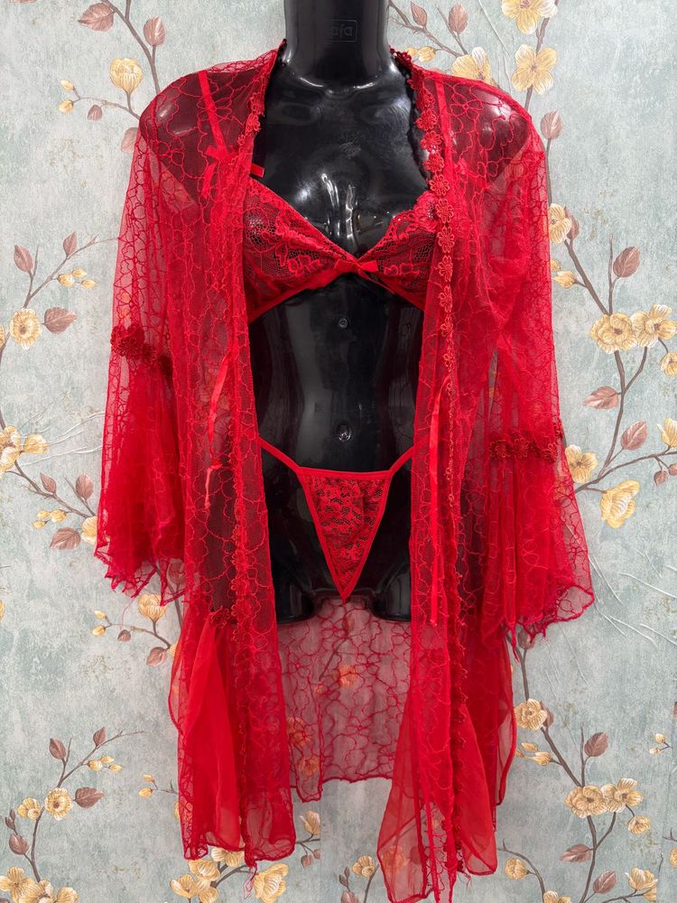 Red Sexy Three Piece Lingerie Set