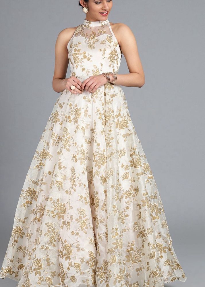 Ethnovog Off-White Brown Printed Fir To Flare Gown