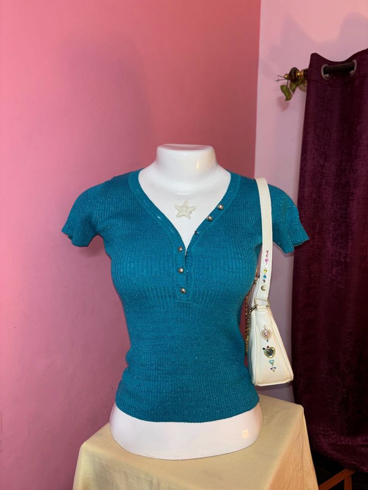 🌀y2k teal glittery fitted top 🌀