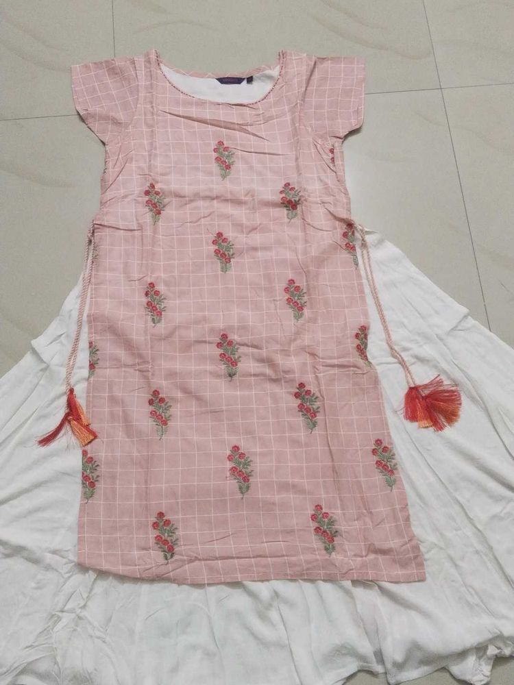 Pink And White Embroidered Kurti Dress