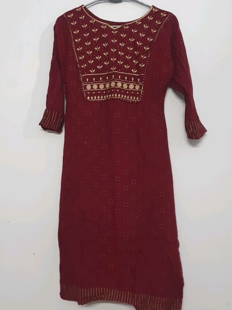Maroon Colour Embroidered Kurti