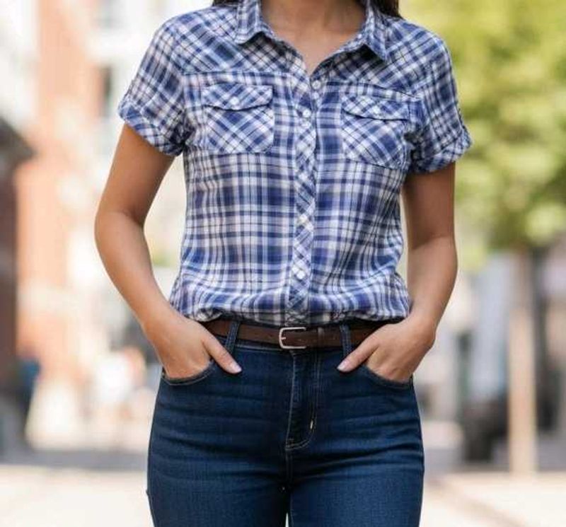 Blue Plaid Short Sleeve Shirt For Women