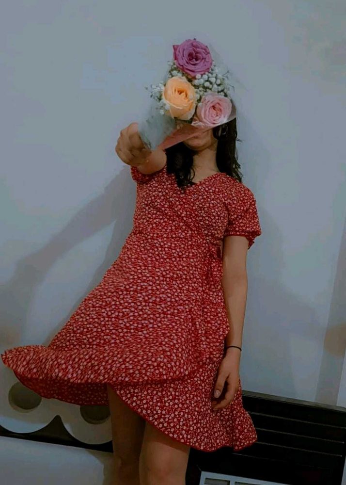 Red Floral Wrap Dress