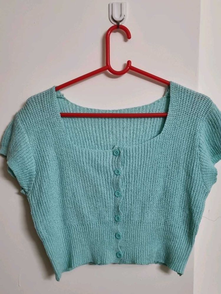 Blue Knit Button-Up Crop Top