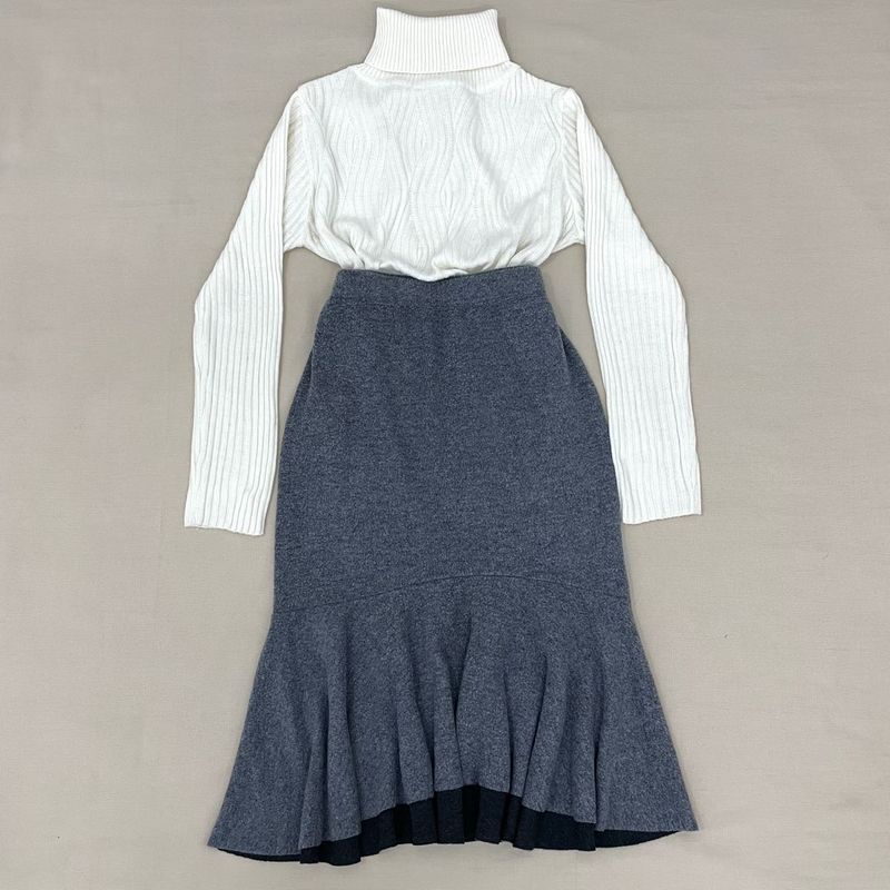 Fishtail Grey Korea Woollen Soft Winter Midi Skirt