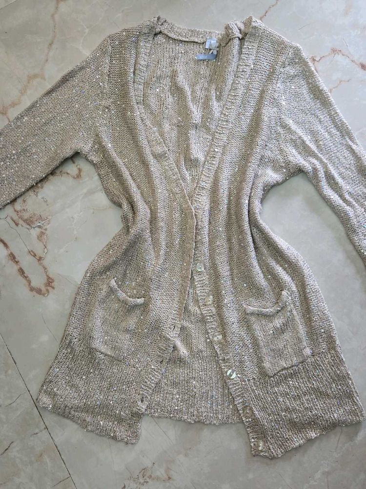 shimmery crochet knit overcoat