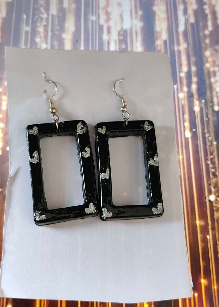 Rectangular Black Silver Heart Earrings